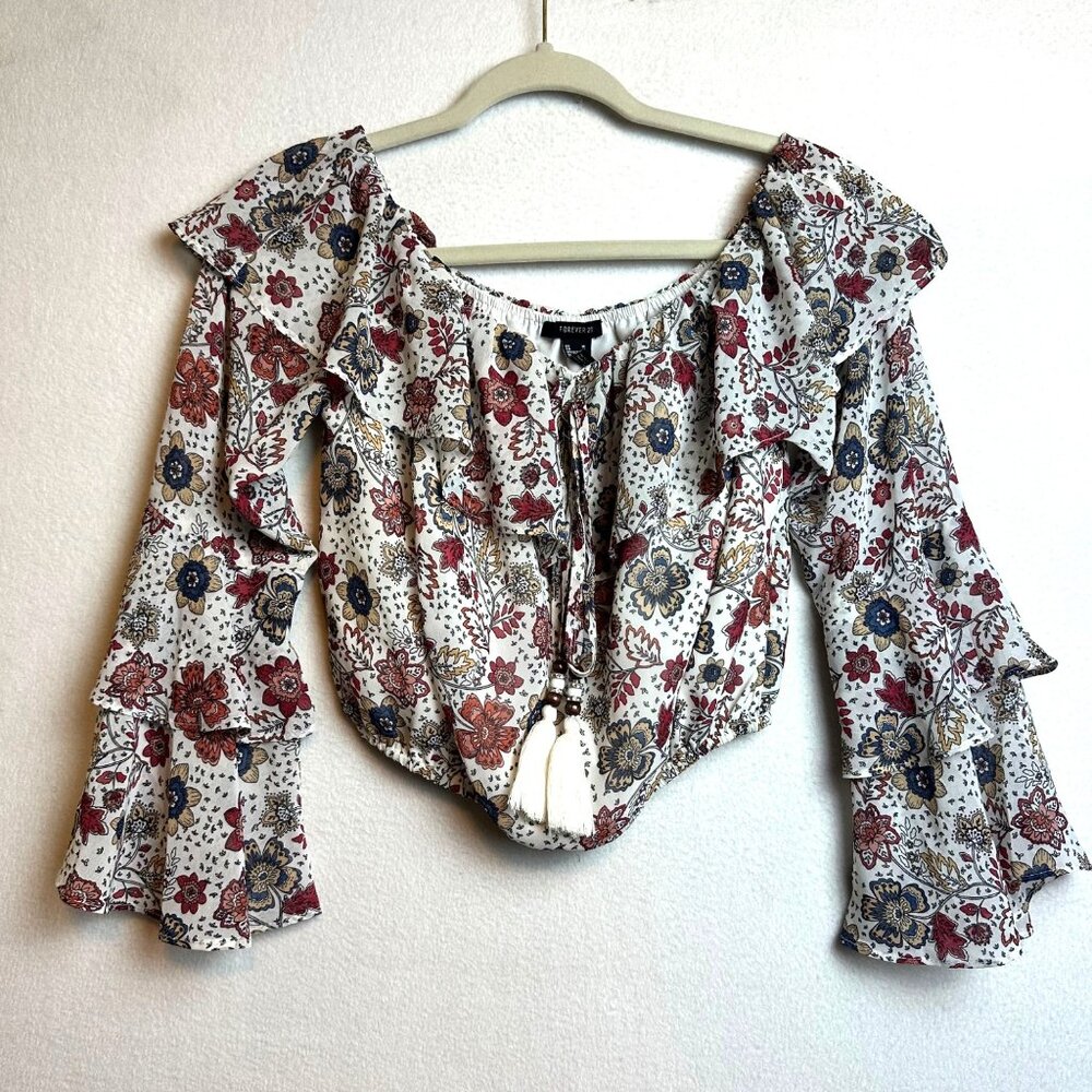 F21 Boho Crop Ruffle Blouse Off Shoulder Top Size Medium Floral Cottage Western
